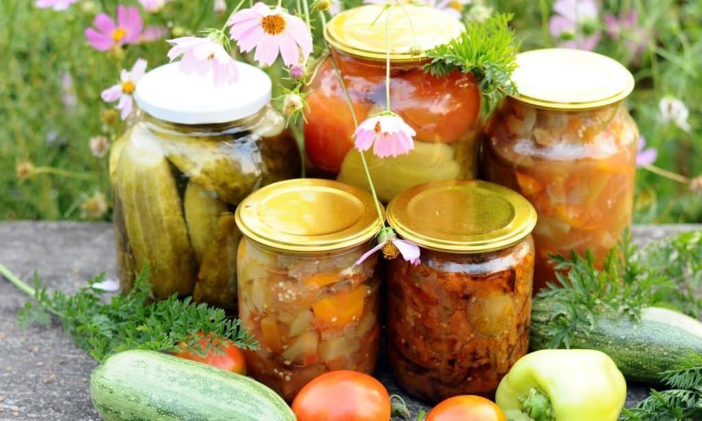 Several jars of canned vegetables sitting outside surrounded by fresh veggies and herbs.